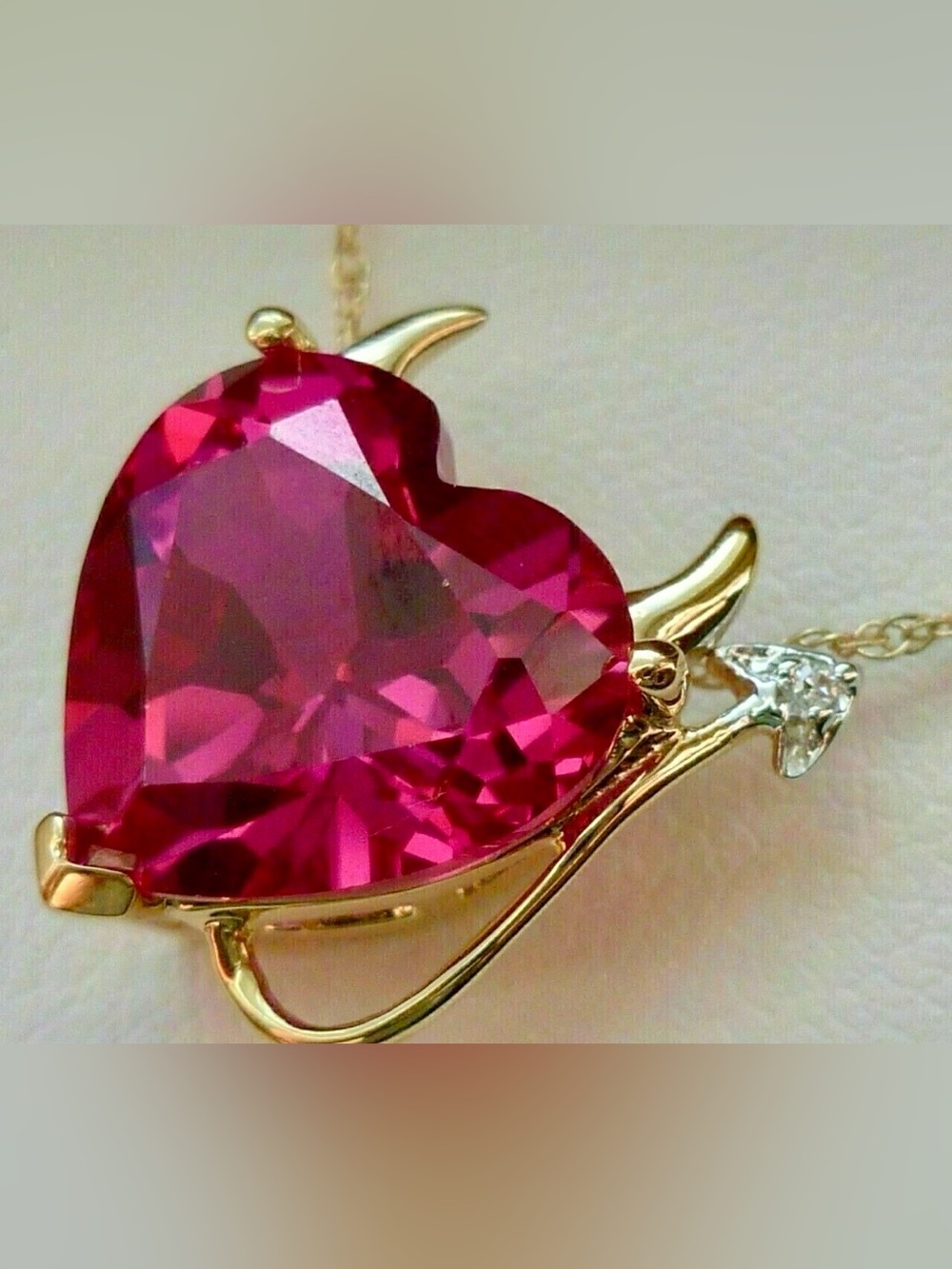 Real- Garnet ruby gold red heart devil chain neckl